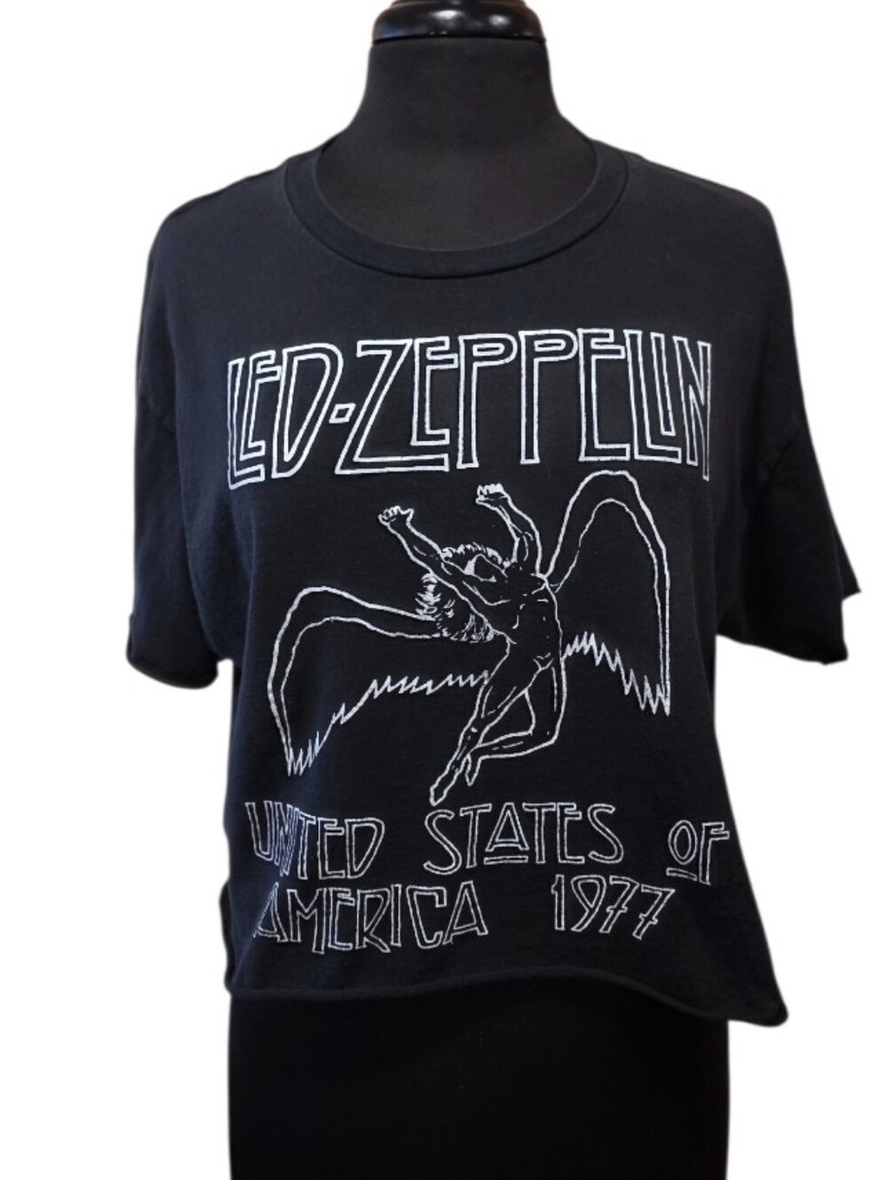 Led Zeppelin Cropped T-shirt Large Black Band Graphic Crop Tee Short Sleeve